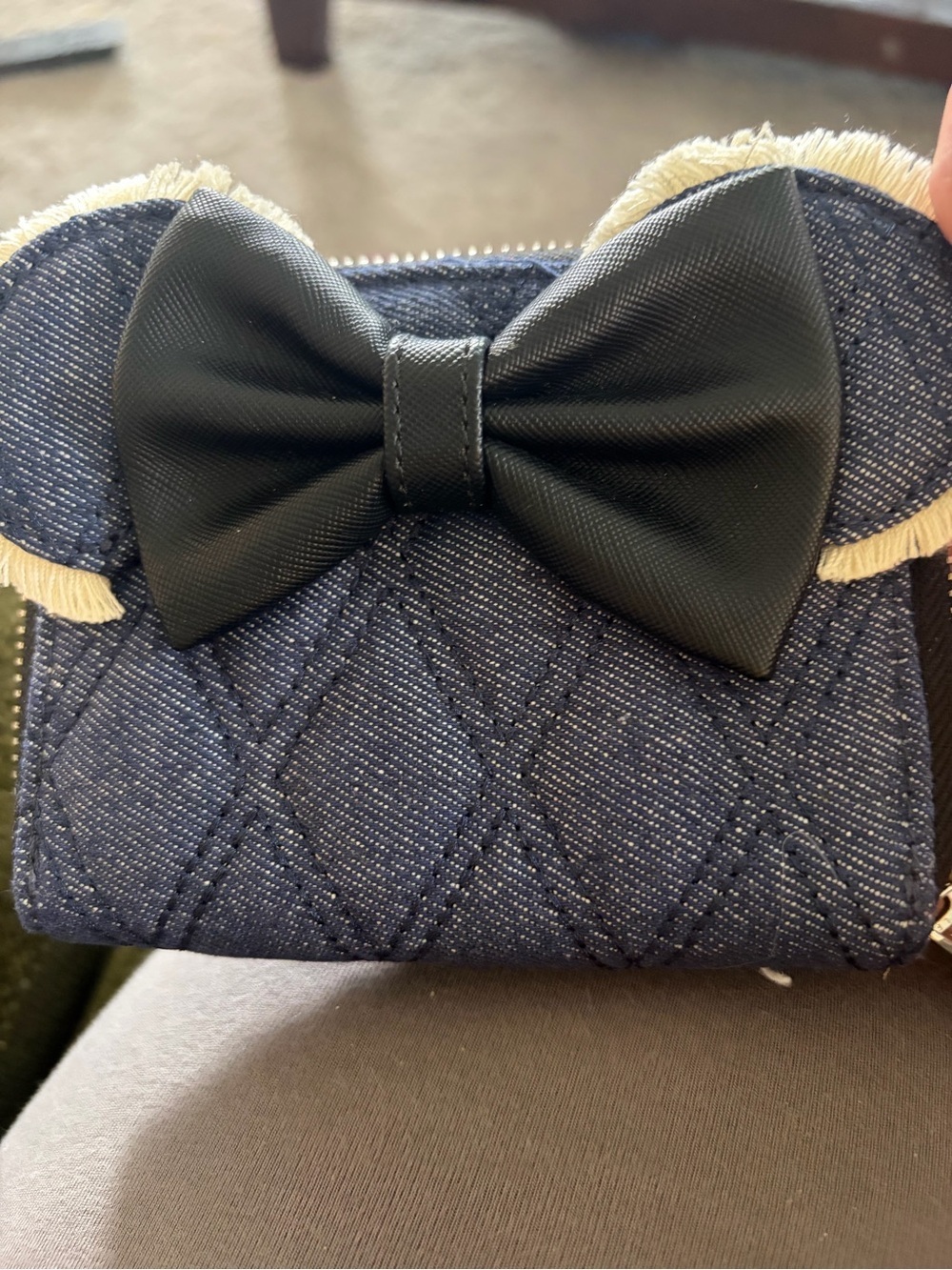 Loungefly Quilted Navy Wallet with Black Bow and Cream Ear Trim